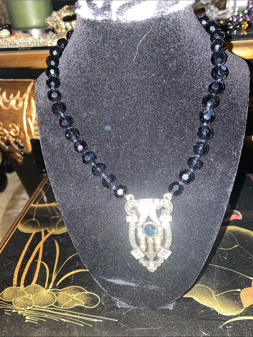 Vintage Heidi Daus Black Beaded Necklace with Gold Pendant